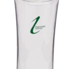 A clear plastic water bottle with a green cap and inner lining. The bottle features the logo of Visionary Training in green text on the front. Its sleek design includes a narrow waist for easy grip.