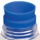 Close-up image of a blue screw cap on a clear plastic bottle. The cap is partially unscrewed, revealing the neck of the bottle with visible threaded ridges.