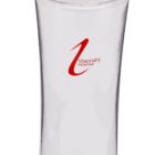 A transparent water bottle with a sleek, curvy shape and a red lid. The bottle has a red logo and the word Visionary on its side.