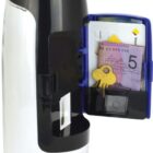 A transparent water bottle with a built-in compartment. The compartment door is open, revealing a 5-euro note and a key inside. The bottle has a blue lid and black accents.