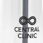 A clear water bottle with a gray lid and built-in straw. It features an infinity symbol and the text Central Clinic on the front. Inside, there is a round grid-like mixing ball.