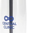 A clear water bottle with a blue lid, featuring a built-in straw and handle. It has the text Central Clinic on the front, and a separate blue mixing ball is placed beside it.