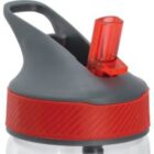 A water bottle lid featuring a gray twist-off cap with a built-in handle and a red, flip-up straw. The design appears suitable for sports or outdoor use.