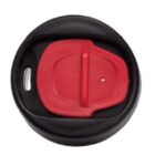 A black and red travel mug lid with a sliding closure. The red slider can move to cover or expose the drinking hole, allowing for easy opening and closing. The lid is circular and designed to fit snugly on a matching mug.