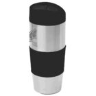 A stainless steel travel mug with black plastic accents, a lid, and a grip section. The mug displays a logo with text indicating Since 1899.