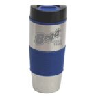 Stainless steel travel mug with a blue grip and black lid. The mug features the text Beqa Since 1899 on its surface.
