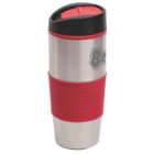 Stainless steel travel mug with a red silicone grip in the middle and a black lid. The mug has a logo on the upper part of the body.