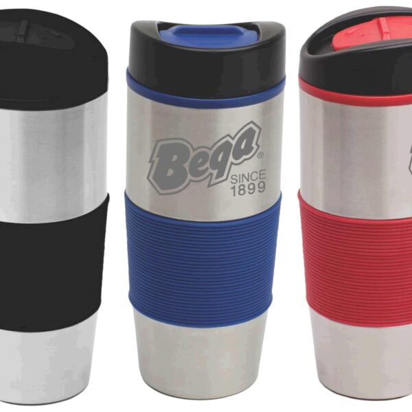 Three stainless steel travel mugs with rubber grips are shown. The grips are black, blue, and red. Each mug features a logo and the text Since 1899. The lids are black, with one red accent.