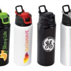 Four bottles with flip-top lids are displayed. From left to right, the colors are black with green, white with red, black with black, and silver with black. Each bottle features a different logo and design on the front.