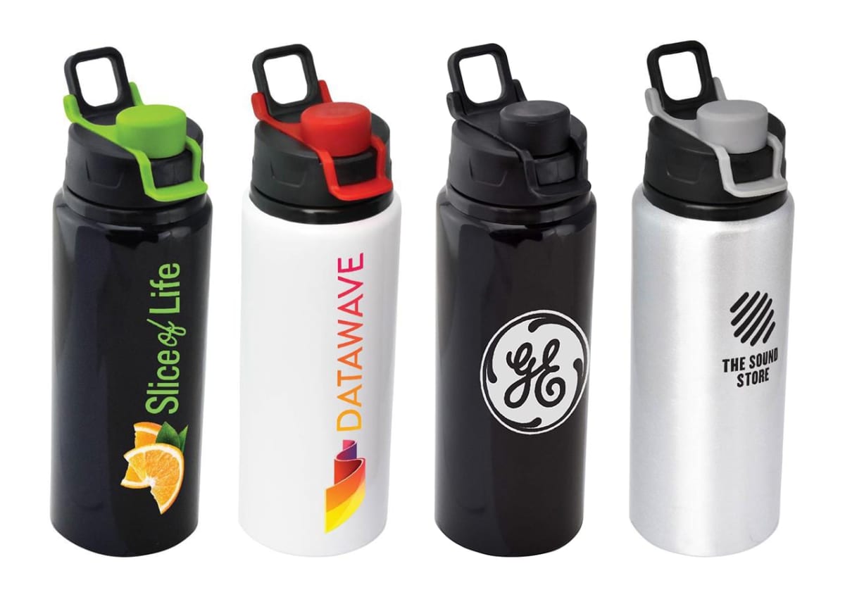 Four bottles with flip-top lids are displayed. From left to right, the colors are black with green, white with red, black with black, and silver with black. Each bottle features a different logo and design on the front.
