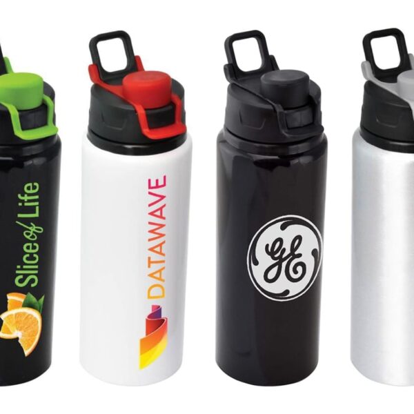 Four reusable water bottles are displayed. Each has a different logo: Slice of Life with an orange slice, DATAWAVE with a wave design, GE, and The Sound Store. The bottles have flip-top lids in green, red, black, and gray.