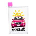A transparent bottle with a pink cap features a graphic of a pink car and a yellow sun above it. The words WESTSIDE AUTO are printed below the car.