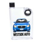 Clear flask with a black cap, featuring an illustration of a blue car on the front. The text Westside Auto is displayed below the car graphic.