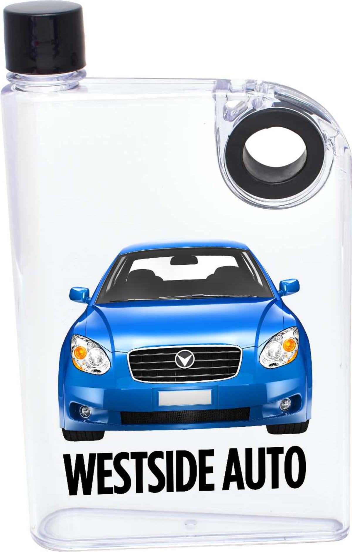 A transparent flask with a black cap featuring an image of a blue car on the front. The text WESTSIDE AUTO is printed below the car.