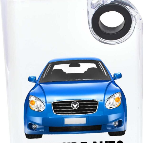 A clear container with a blue car illustration on it. The words Westside Auto are printed at the bottom. The container has a black circular cap on the top corner.