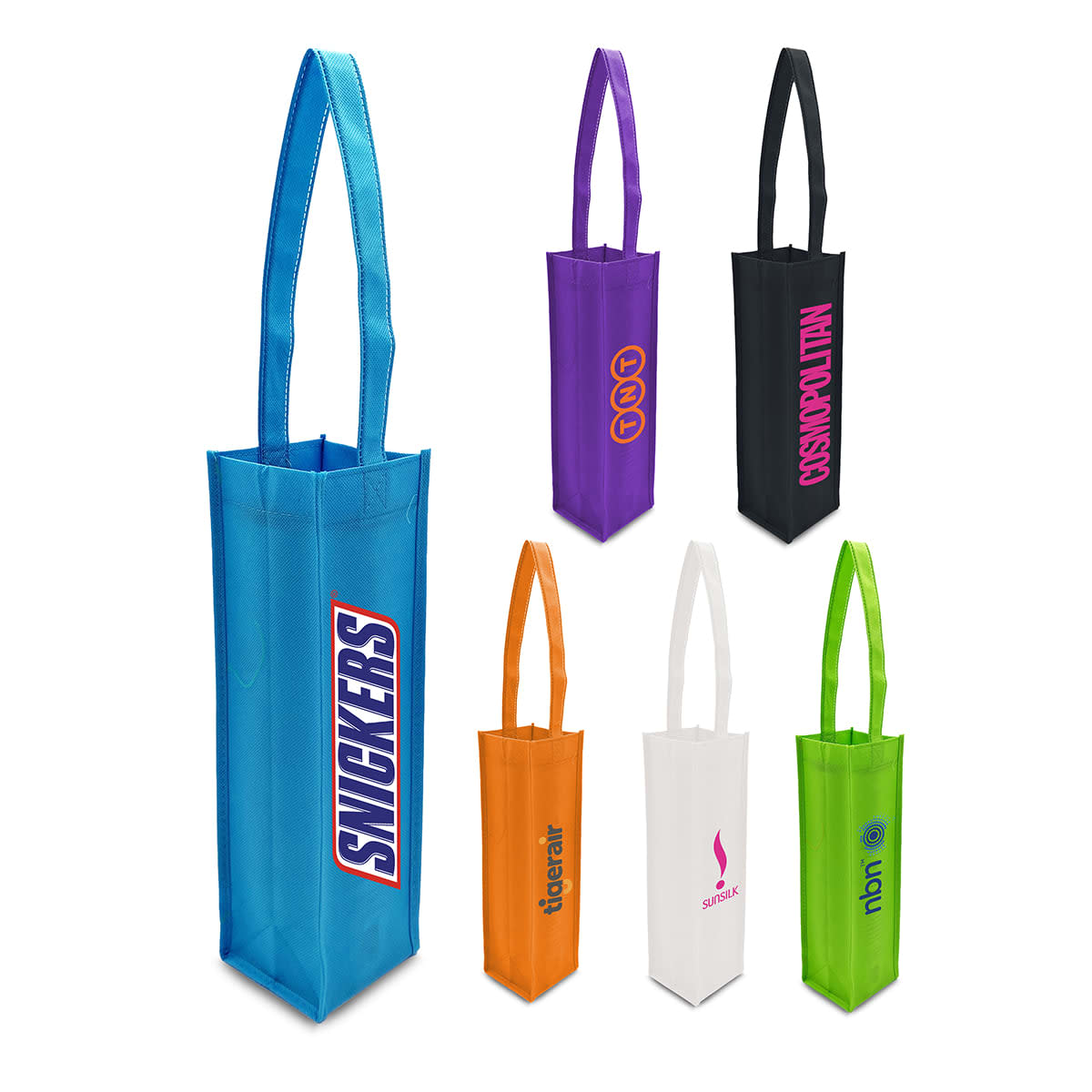 Six colorful, rectangular tote bags with long handles, each displaying a different logo. The bags are in various colors: blue, orange, purple, black, white, and green.
