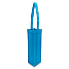A tall, rectangular, bright blue reusable fabric tote bag designed for carrying bottles. It has two long handles and is standing upright on a plain white background.