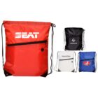 Four drawstring bags in different colors. The red bag has SEAT printed on it, the black one has GENERATOR, the white one has PANDORA, and the blue one has CINE CURA. Each has a front zipper pocket.