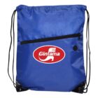 A blue drawstring bag featuring a front zipper pocket and a red oval logo with white text reading Gintama.