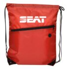 Red drawstring backpack with SEAT in white letters at the top. It features a front zippered pocket and black drawstrings.