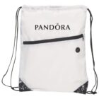 A white drawstring backpack with black strings and a front zipper pocket. The word PANDORA is printed in black above the pocket. The bottom corners have black triangular patches for reinforcement.