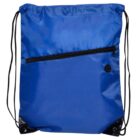 A blue drawstring backpack with a front zipper pocket. The bag is made of smooth fabric and has black cords for straps. There is a small circular feature on the lower right side of the pocket.