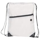 White drawstring backpack with black drawstrings and corner accents. Features a front pocket with a black zipper and a circular black grommet on the pocket.