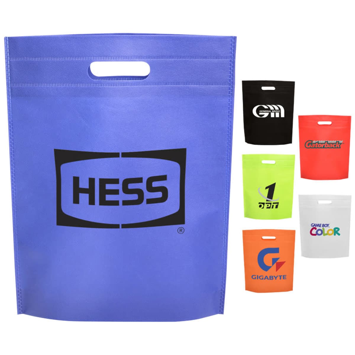 A collection of six colorful tote bags with different logos. The main bag is blue with the HESS logo. The others are black, lime green, red, orange, and white with various other logos. Each has a cutout handle at the top.