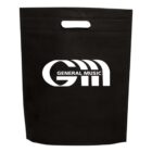 A black tote bag with a cutout handle at the top. The words General Music are printed in white in the center, with the letters GM stylized around them.