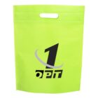 A bright green tote bag with a built-in handle, featuring a logo consisting of the number 1 encircled by a swoosh, above the letters OPT in bold, black font.