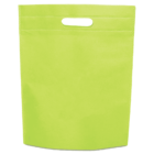 A bright green, rectangular, reusable tote bag is standing upright. It has a cutout handle near the top and visible stitching along the edges. The bag is plain with no visible logos or designs.