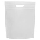 A plain white plastic bag with reinforced sealed edges and an oval cut-out handle is shown. The bag is standing upright against a white background.