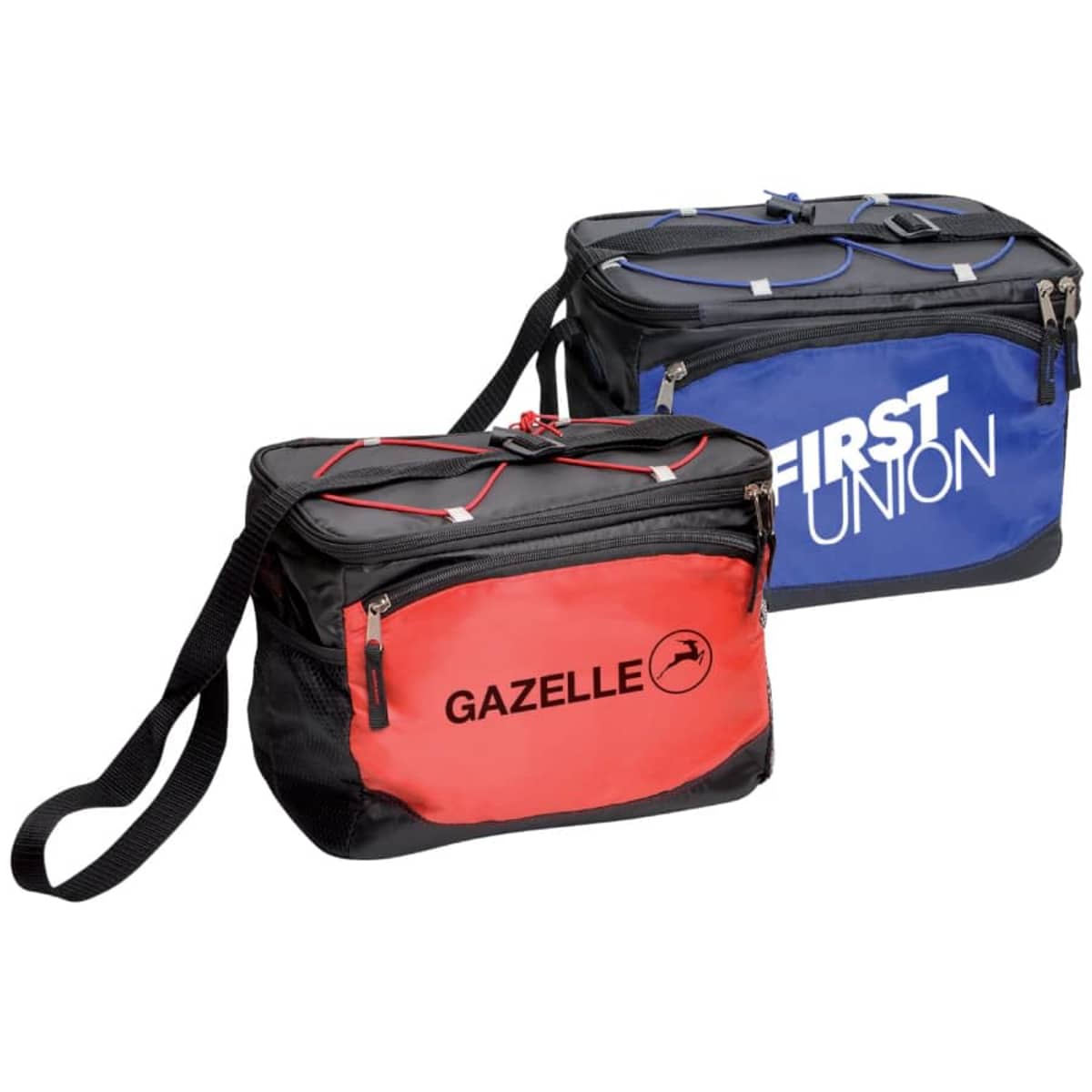 Two insulated cooler bags with shoulder straps. The front bag is red and black with GAZELLE printed on it. The back bag is blue and black with FIRST UNION printed on it. Both have front zippered pockets and bungee cords on top.