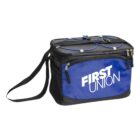 A blue and black insulated cooler bag with the text First Union on the front pocket. The bag has a shoulder strap and zipper closures on the top and front.