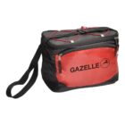 A black and red shoulder bag with the word GAZELLE and a gazelle logo on the front pocket. The bag features a top zipper, adjustable shoulder strap, and a red pocket with a zipper on the front.