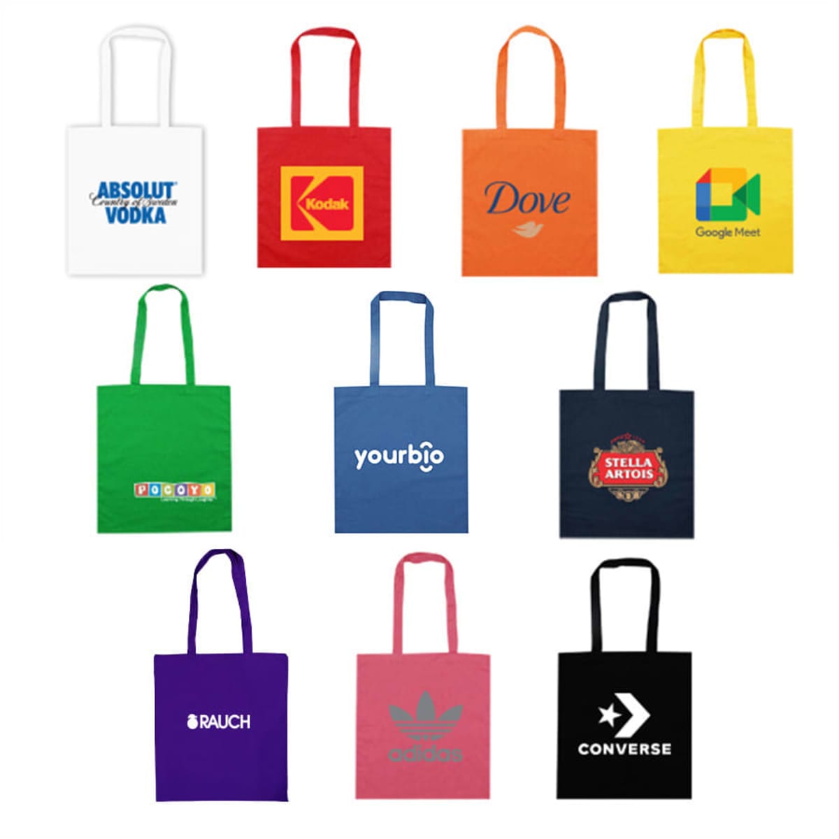 Eleven colorful tote bags displayed in three rows. Each bag has a different brand logo, including Absolut Vodka, Kodak, Dove, Google Meet, Lego, Yourbio, Stella Artois, Rauch, Adidas, and Converse.