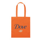 An orange tote bag featuring the word Dove in blue and a stylized dove logo in beige. The bag has two long handles for carrying.
