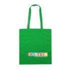A green tote bag with long handles displays the colorful Pocoyo logo at the bottom center, accompanied by the phrase Learning Through Laughter.