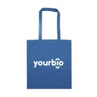 Blue tote bag with yourbio printed in white on the front.