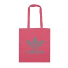 A pink tote bag with long handles featuring a large gray Adidas Trefoil logo and the word adidas below it.