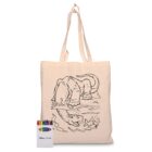 A beige tote bag with an outline drawing of elephants playing in water. A pack of six colored crayons is positioned beside the tote, featuring the Disney Pixar logo.