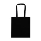 A black tote bag with long handles against a white background.