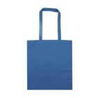 A plain blue tote bag with long handles on a white background.