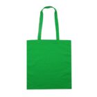 A bright green tote bag with long handles against a white background.