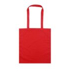 A plain red tote bag with two long handles is shown against a white background. The bag is simple in design and has a rectangular shape.