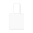 A plain white tote bag with long handles, set against a completely white background.