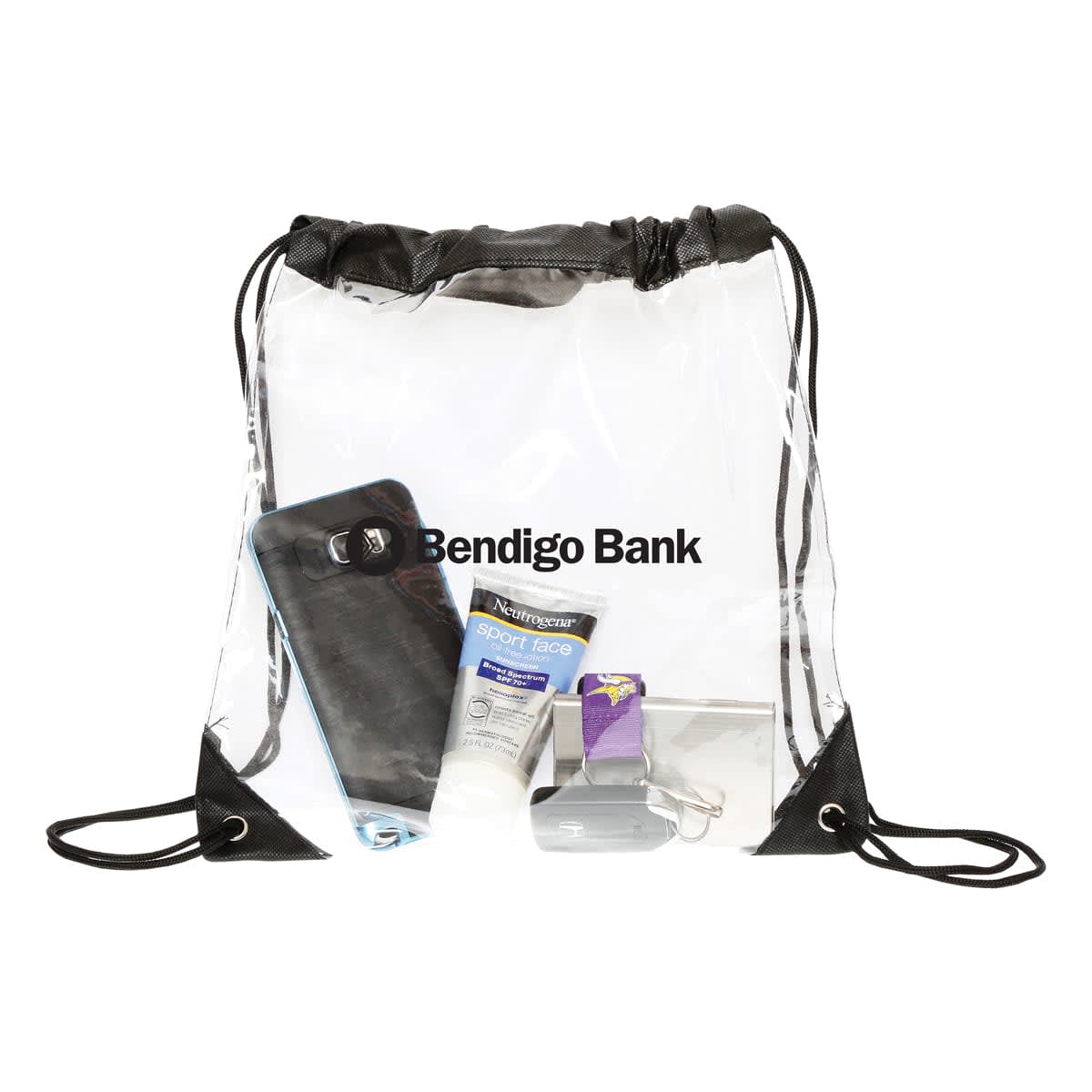 A clear drawstring bag with Bendigo Bank printed on it contains a phone, a blue notebook, a tube of sunscreen labeled SPF 50+, a purple packet, and two other small items. The bag has black corners and strings.