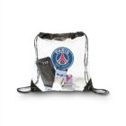 Transparent drawstring bag featuring the Paris Saint-Germain logo. Inside are a smartphone, deodorant, gum, tissues, and a purple item. The bag has black drawstrings and corners, displaying contents clearly.