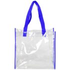 Clear tote bag with blue fabric handles and edging.