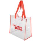 Clear tote bag with red handles and trim, featuring the text bikes + life in red on the side.